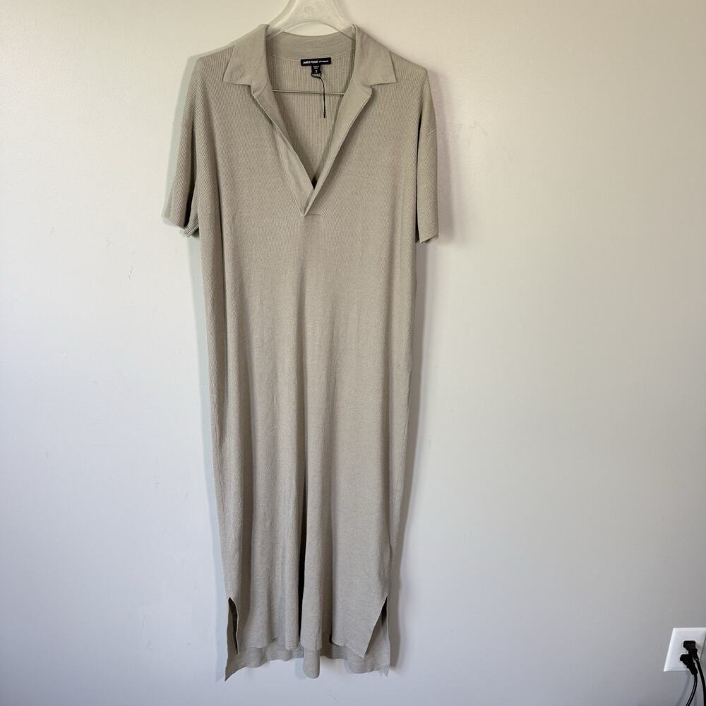 James Perse Shirt Dress Midi Linen Blend Womens Size 2 Medium Collared Taupe NEW - Picture 2 of 7